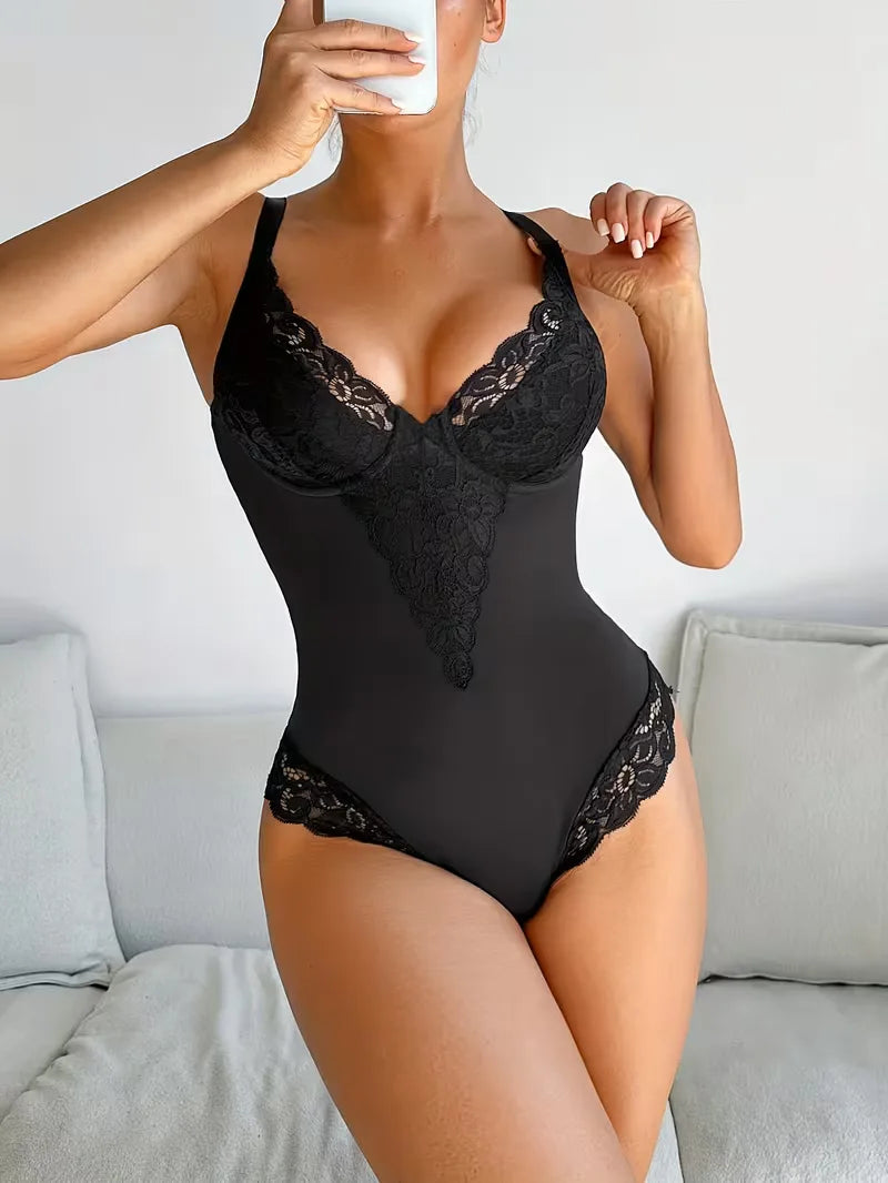 Lace bodysuit with V-neck