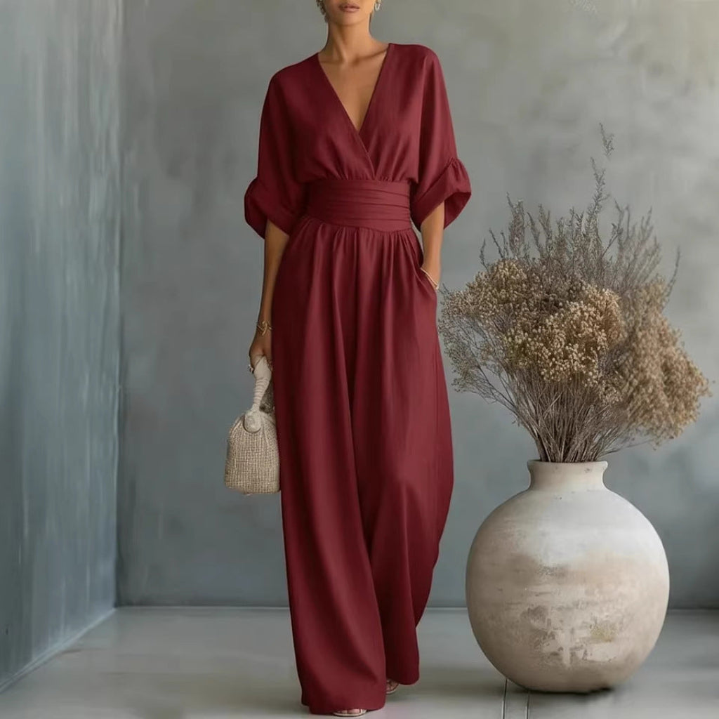 Summer Short-sleeved Jumpsuit V-neck
