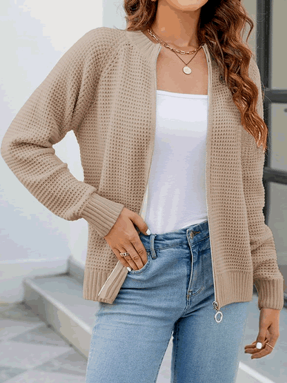 Solid Color Casual Women's Cardigan with Long Sleeves and Zipper - Kate