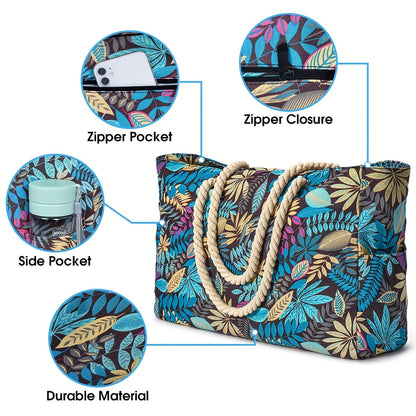 Grand sac de plage tendance à imprimé feuillage - spacieux, résistant et idéal pour les vacances