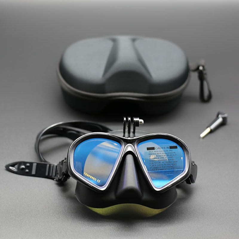 Tauchermaske aus gehärtetem Glas mit Aufbewahrungsbox - Tauchbrille mit Antibeschlagbeschichtung und Kamerahalterung