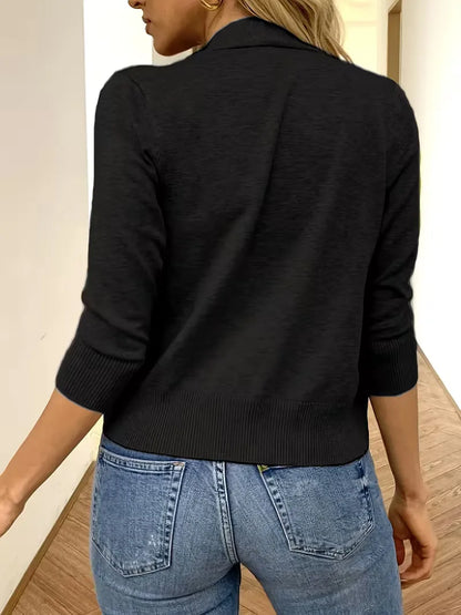 Cardigan violet ouvert devant, manches 3/4