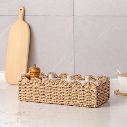 Cesta de almacenamiento tejida de estilo bohemio con borde en forma de abanico – Decorativa y práctica para cualquier interior