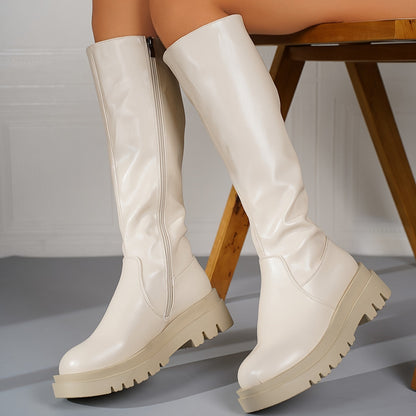 Ladies' White Knee-High Boots with Zip and Anti-Slip Sole