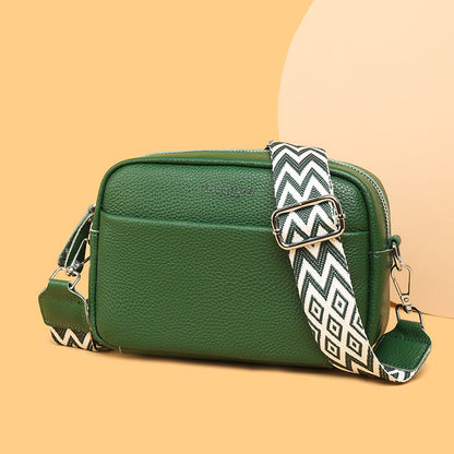 Fashionable Shoulder Bag with White Embroidery and Wide Shoulder Strap