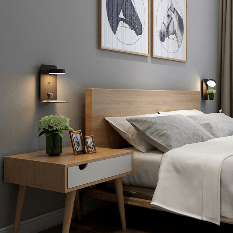 Multifunctional LED Wall Lamp with Shelf – Rotatable and with USB Charger