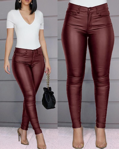 Ladies' Faux Leather Skinny Trousers with Stretch and Pockets