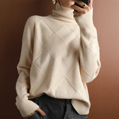 Autumn Knitted Roll Neck with Check Pattern Warm and Soft for Women