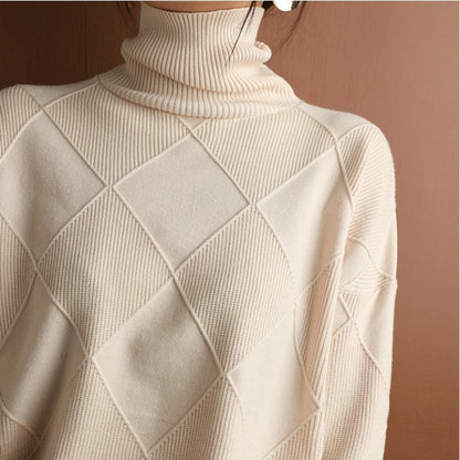 Autumn Knitted Roll Neck with Check Pattern Warm and Soft for Women