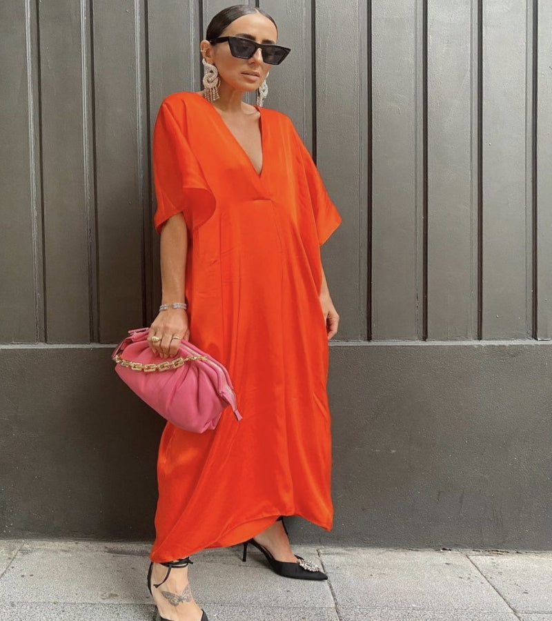 Long Orange V-Neck Dress with Elegant Appeal and Airy Fit