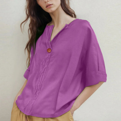 Loose-Fitting V-Neck Blouse with Three-Quarter Sleeves