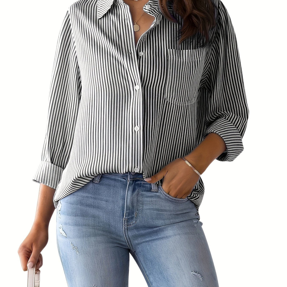 Chic Ladies Striped Blouse with Collar and Button Closure