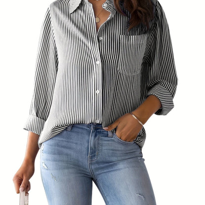 Chic Ladies Striped Blouse with Collar and Button Closure