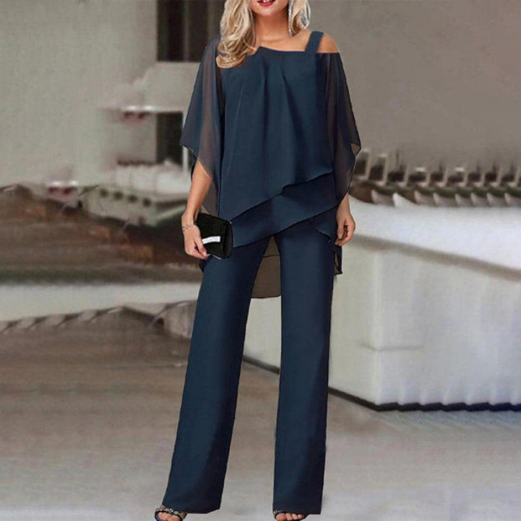 Elegant Two-Piece Women's Suit Set with Batwing Sleeve Top and Straight Pants