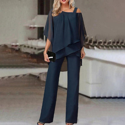 Elegant Two-Piece Women's Suit Set with Batwing Sleeve Top and Straight Pants