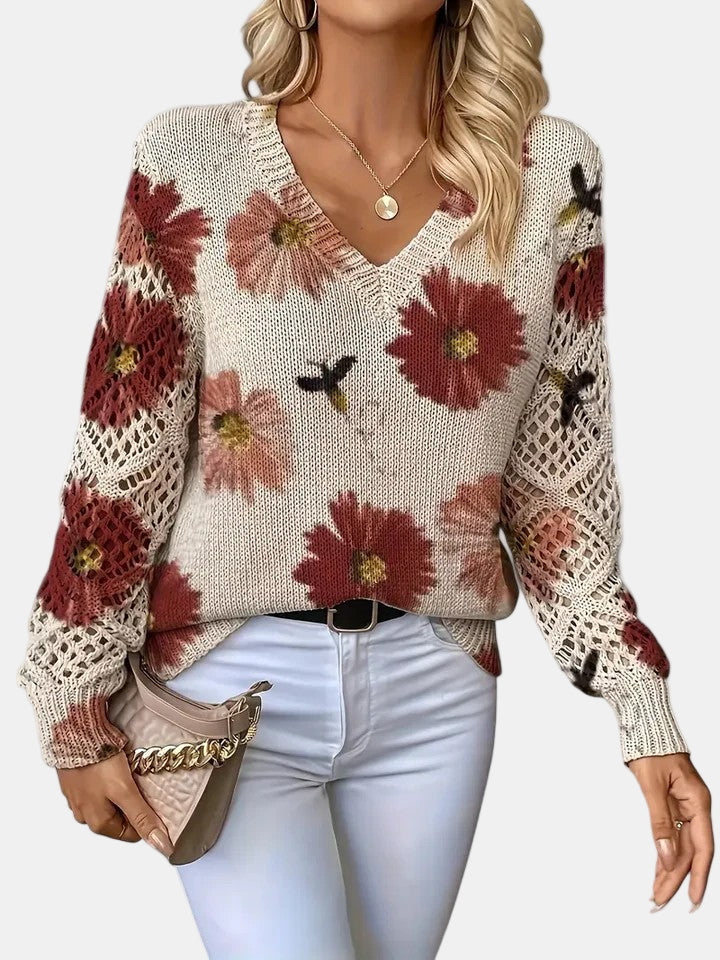 Ladies' Knitted Jumper with Floral Print and V-Neck