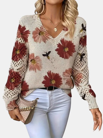 Ladies' Knitted Jumper with Floral Print and V-Neck