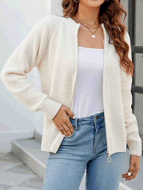 Solid Color Casual Women's Cardigan with Long Sleeves and Zipper - Kate