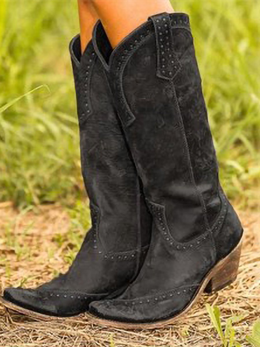 Ladies' Stylish Knee-High Cowboy Boots with Studs and Pointed Toe