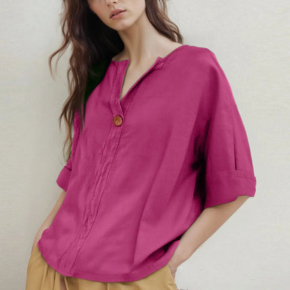 Loose-Fitting V-Neck Blouse with Three-Quarter Sleeves