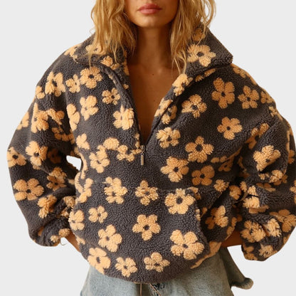 Ladies' Teddy Jumper with Floral Print and Short Zip