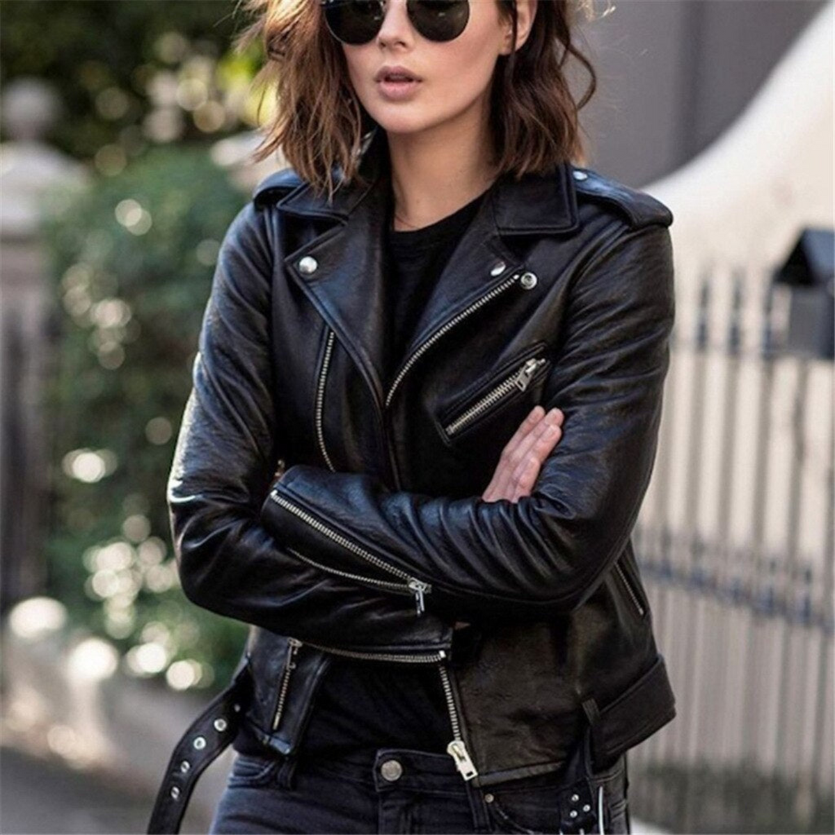 Biker Jacket with Leather Look and Asymmetrical Zip