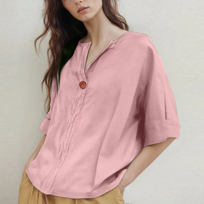 Loose-Fitting V-Neck Blouse with Three-Quarter Sleeves