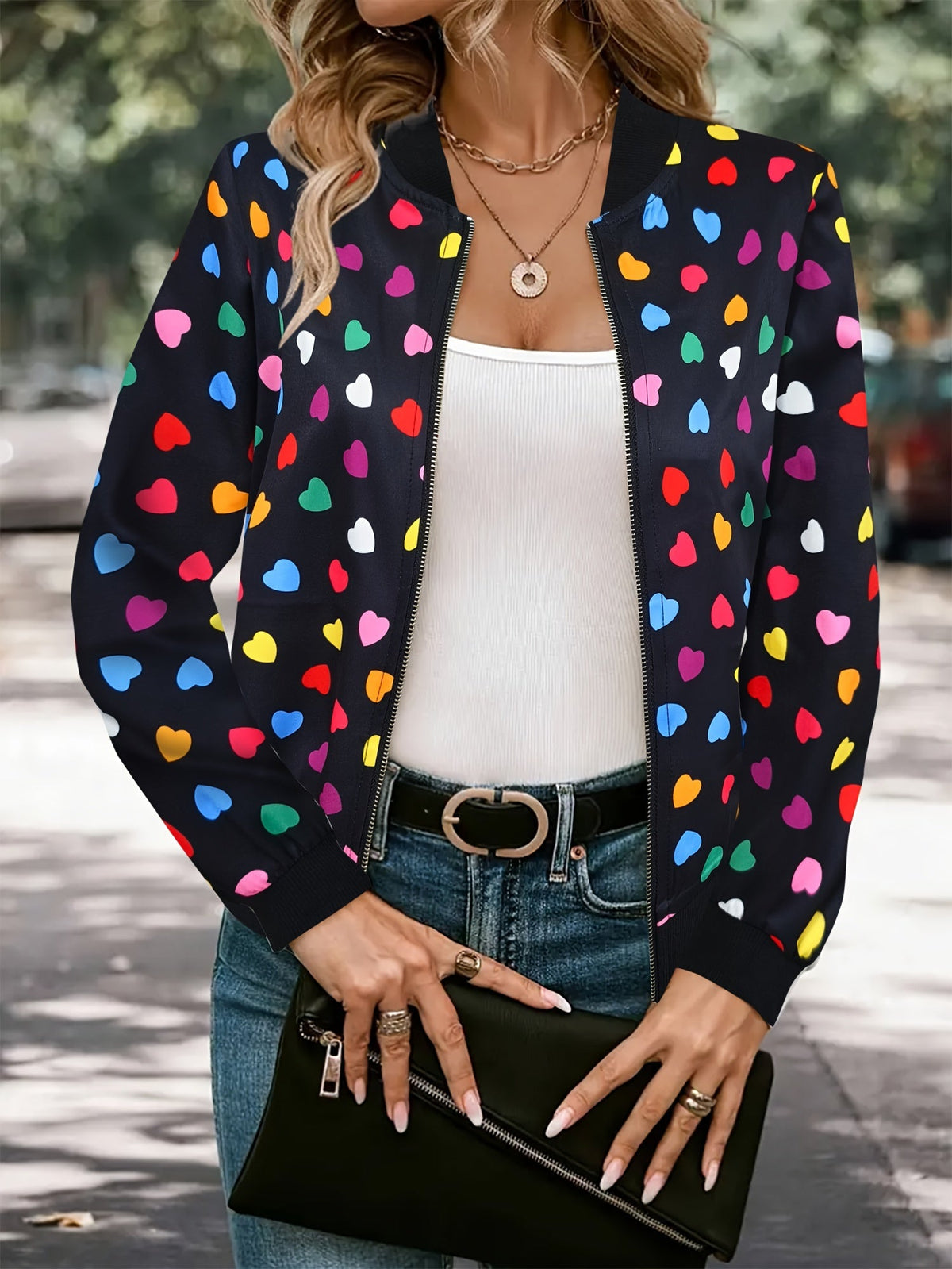 Chaqueta bomber Joyful Hearts – Elegante y cómoda, con cierre, para primavera y otoño