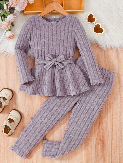 Girls' Kids 2-Piece Casual Round Neck Long Sleeve Top with Bow & Trousers - Ember