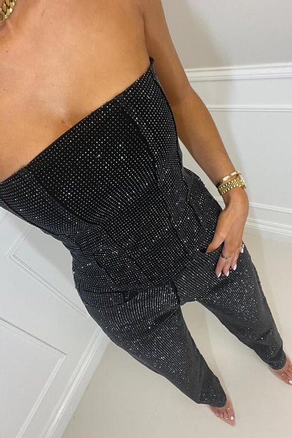 Ensemble à paillettes pour femme avec crop top bustier à sequins et jean