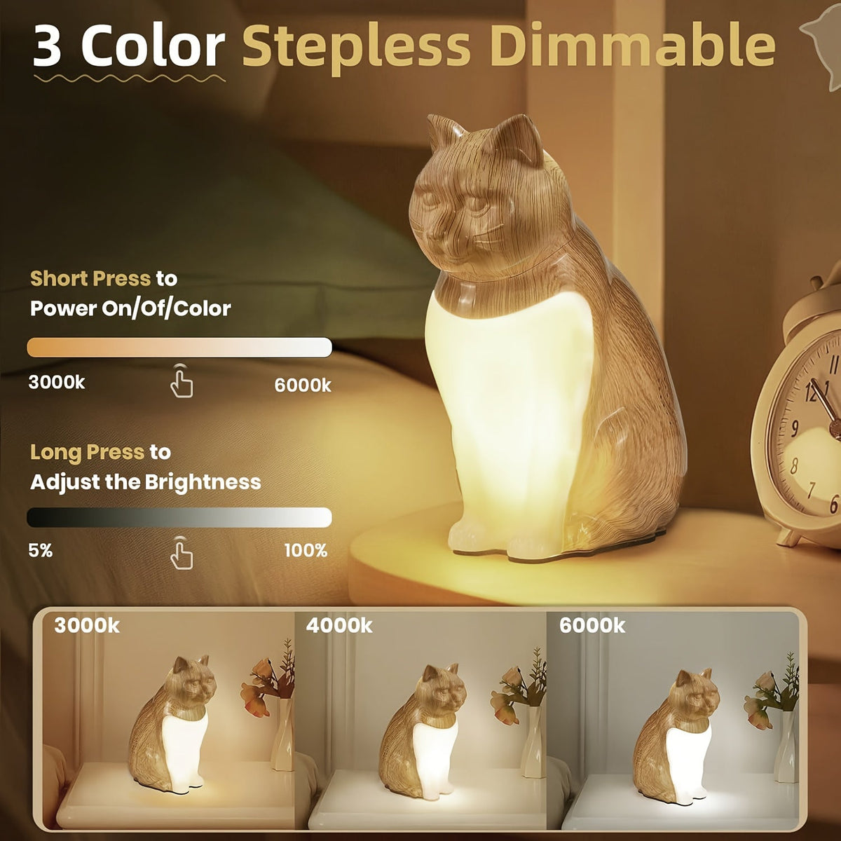 Luz nocturna decorativa para gatos con control táctil e intensidad regulable