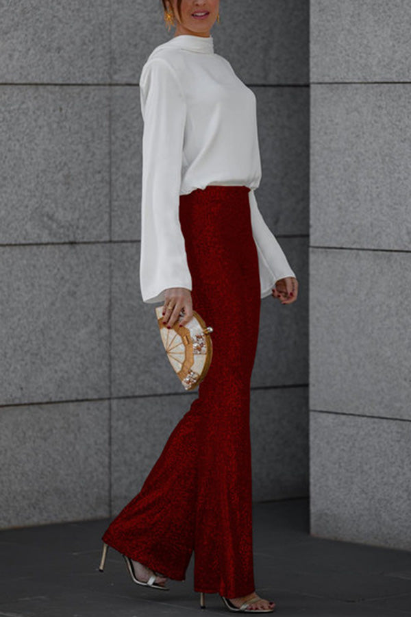 Pantalones acampanados de cintura alta con lentejuelas brillantes para mujer