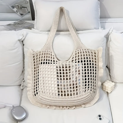 Borsa da spiaggia intrecciata a rete aperta, capiente, da donna