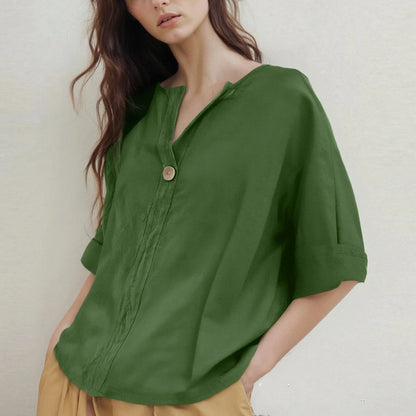 Loose-Fitting V-Neck Blouse with Three-Quarter Sleeves