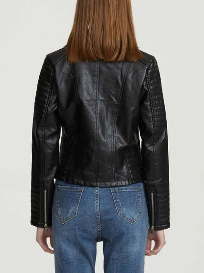 Black Leather Women's Jacket with Zip Pockets