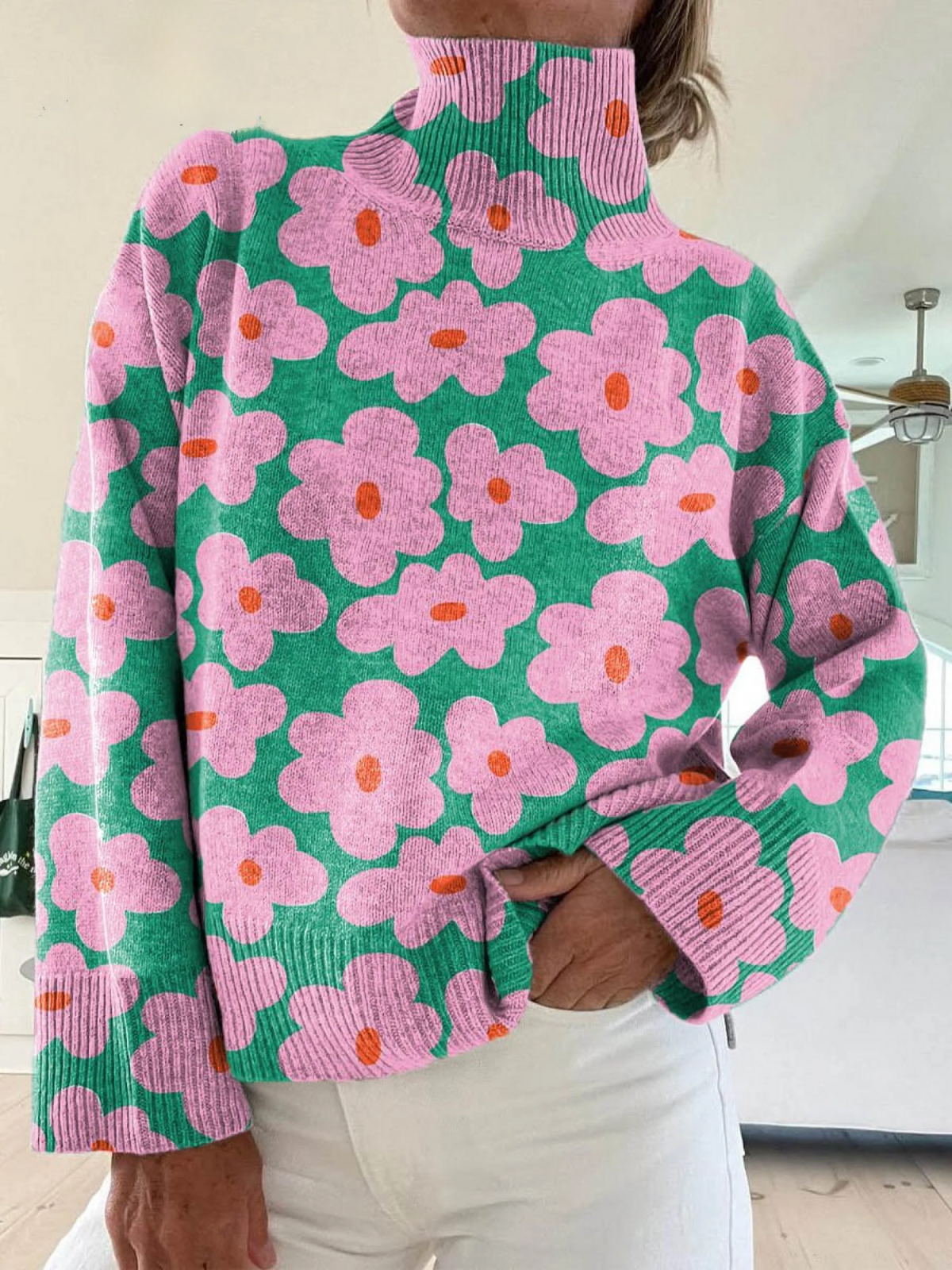 Weicher, oversized Strickpullover mit Rollkragen und Blumenprint für Damen