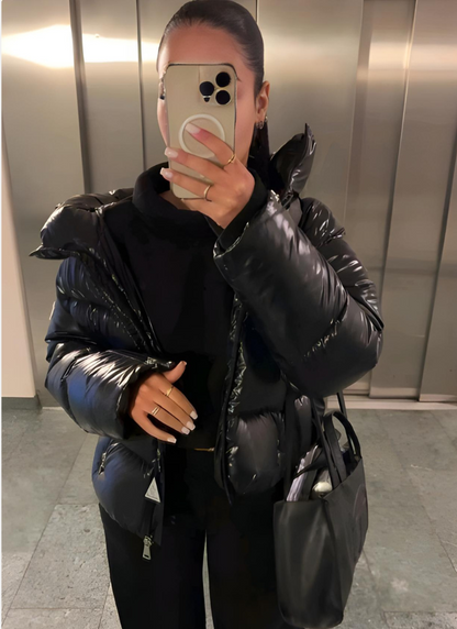 Puffer Jacket for Women Quilted Winter Coat with Hood Water-Repellent Glossy