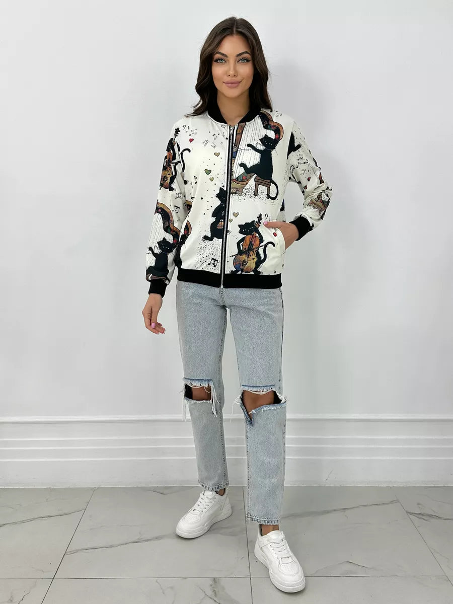 Women's Lightweight Bomber Jacket with Zip and Graphic Print