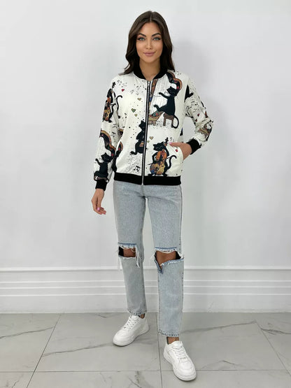 Women's Lightweight Bomber Jacket with Zip and Graphic Print