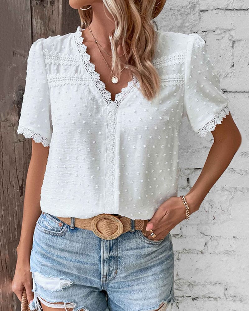 Lace Women's Blouse with Short Sleeves and V-Neck - Romy