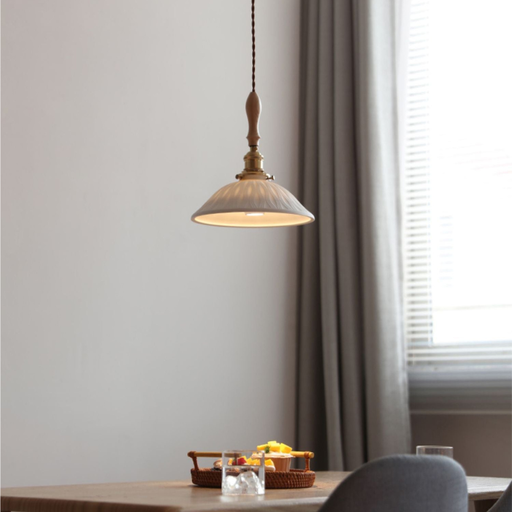 Japandi Wave Pendant Lamp – Ceramic & Wood Design