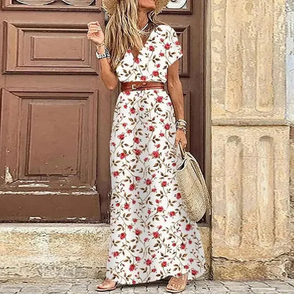 Summer Boho Dress with Floral Print and V-Neck
