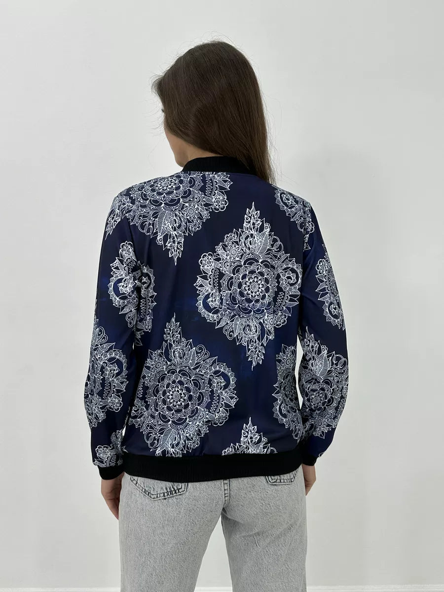 Women's Lightweight Bomber Jacket with Zip and Graphic Print