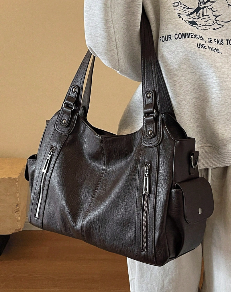 Ladies Shoulder Bag Leather with Zipper Pockets and Double Handles