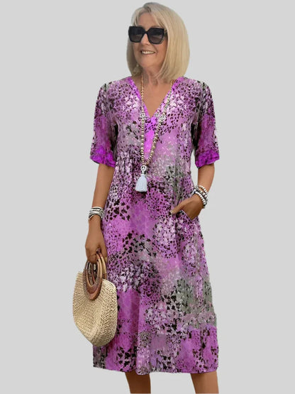 Vintage Print Dress with Lace and V-Neck