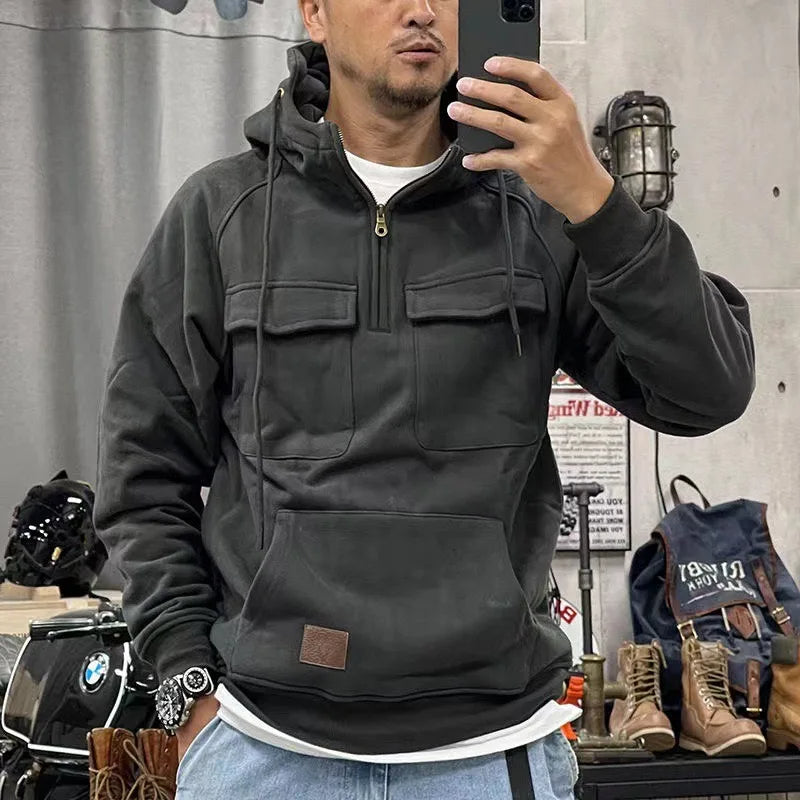 Retro Motor Hoodie for Men with a Rugged Look and Practical Details