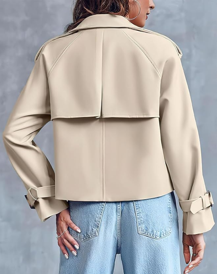 Beige Trench Coat for Women Short Classic with Belt and Button Closure