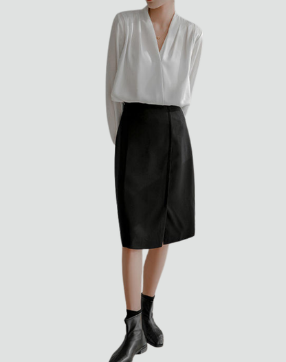 Satin Wrap Blouse With V Neck And Puff Sleeves For Women