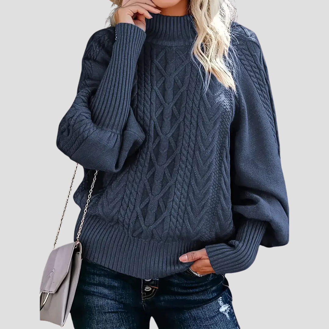 Cable Knit Ladies Turtleneck Warm with Balloon Sleeves