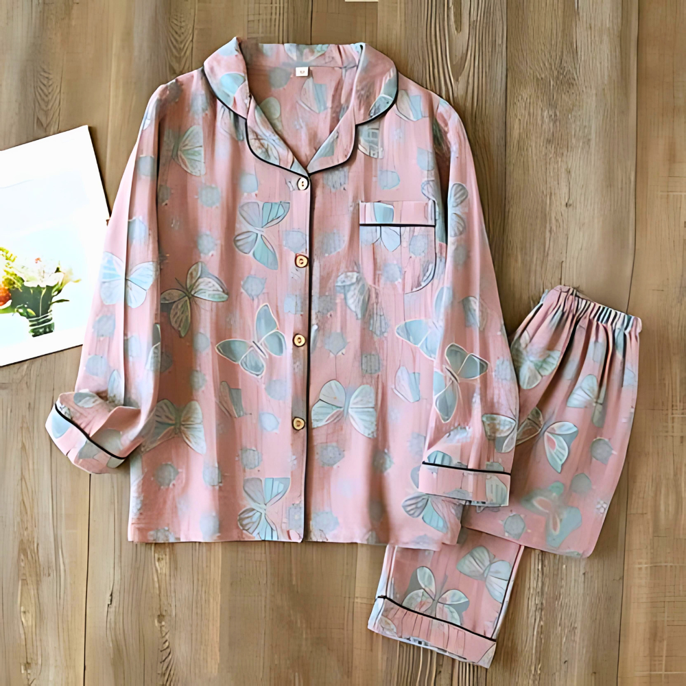 2-Piece Cotton Loungewear Set with Butterfly Print for Women